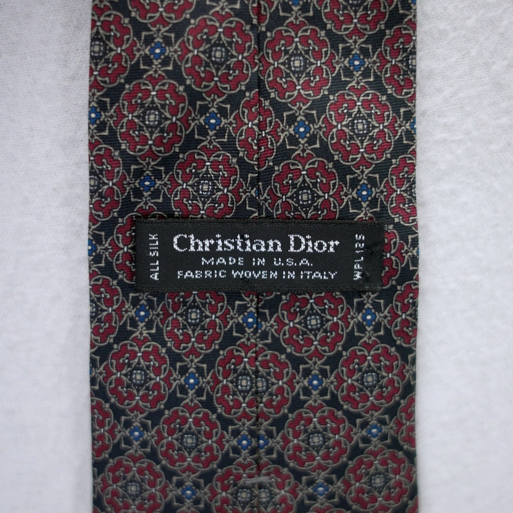 Christian Dior Silk Tie Mens Burgundy Red Navy Blue Geometric Medallion Italy - Picture 2 of 5